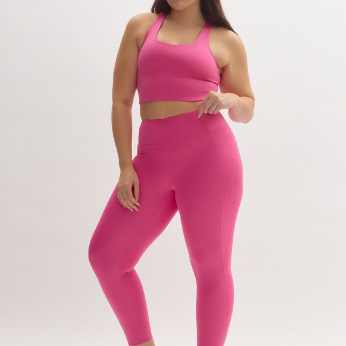 High Waisted Squat Proof Hidden Pocket V Back Plus Size Pink Yoga Set
