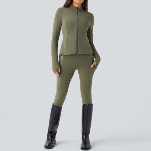 UPF 50 Stand Collar Full Zip Pleated Peplum Yoga Workout Jacket