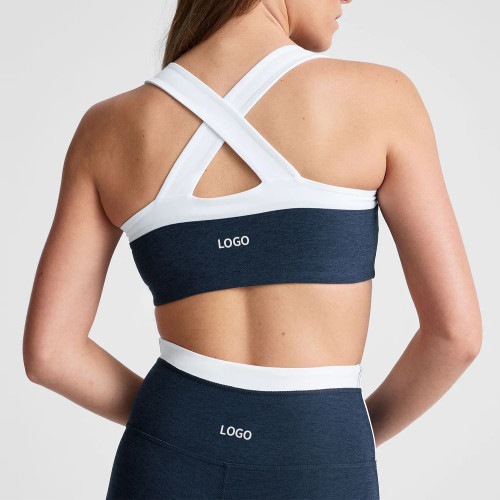 Navy Blue Retro Color Block Criss Cross Workout Sports Bra