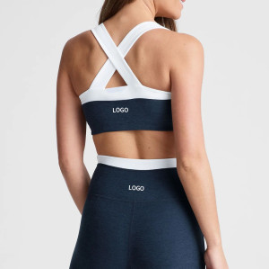 Navy Blue Retro Color Block Criss Cross Workout Sports Bra