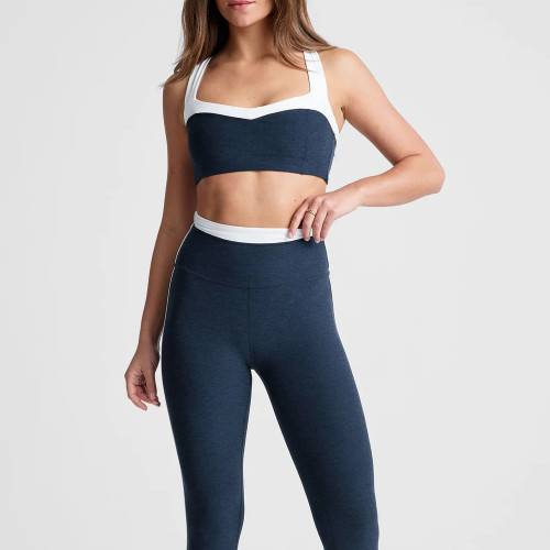 Navy Blue Retro Color Block Criss Cross Workout Sports Bra