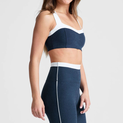 Navy Blue Retro Color Block Criss Cross Workout Sports Bra
