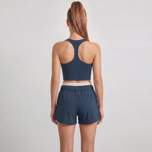Navy Blue Color Block Two Piece Running Set With Fixed Cups