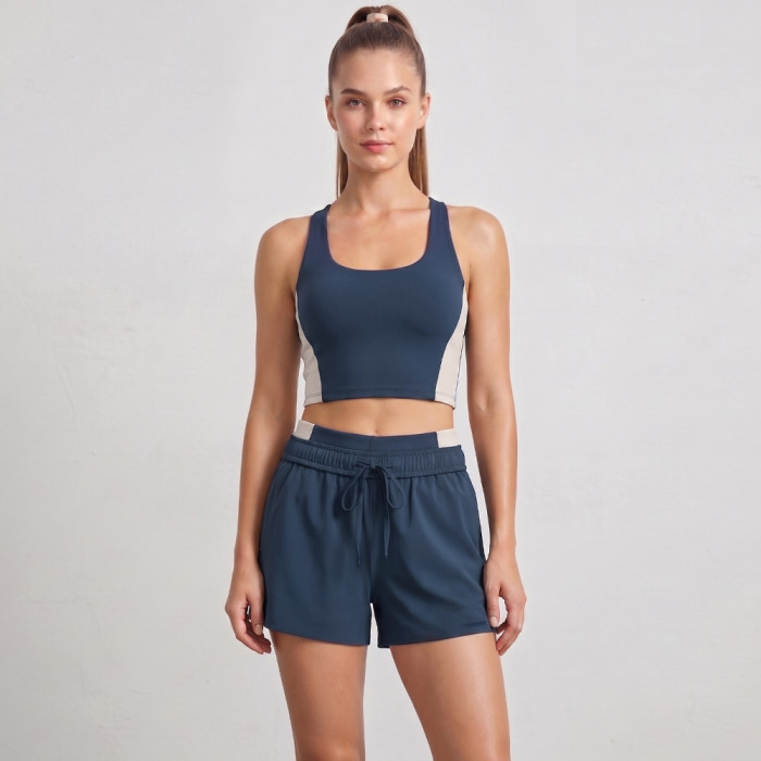Navy Blue Color Block Two Piece Running Set With Fixed Cups