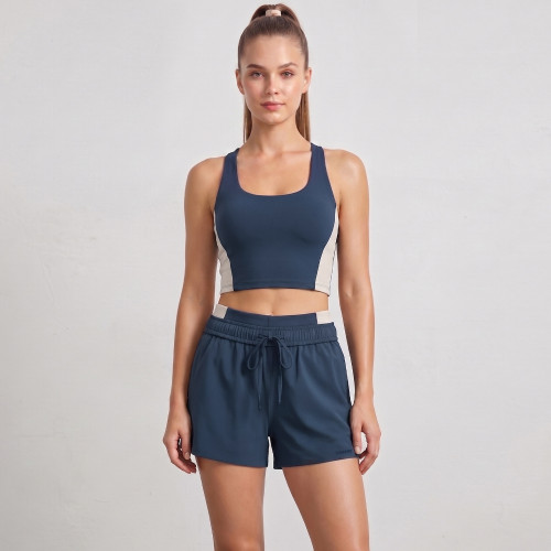 Navy Blue Color Block Two Piece Running Set With Fixed Cups