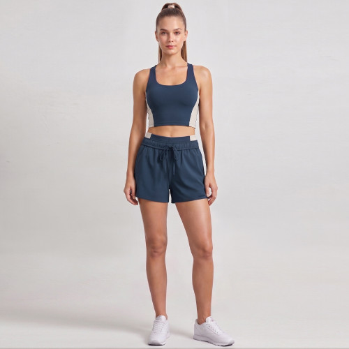 Navy Blue Color Block Two Piece Running Set With Fixed Cups