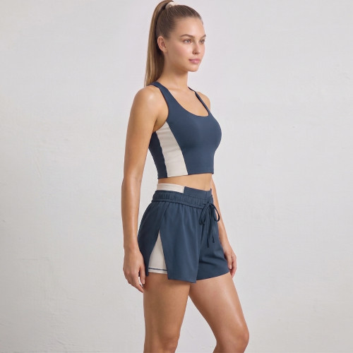 Navy Blue Color Block Two Piece Running Set With Fixed Cups