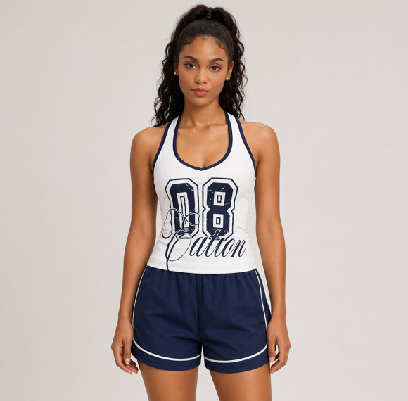 Navy Blue Graphic Print Built-In Bra Tank and Shorts Set