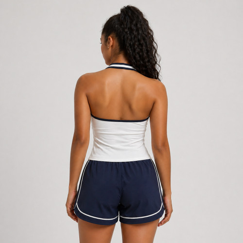 Navy Blue Graphic Print Built-In Bra Tank and Shorts Set