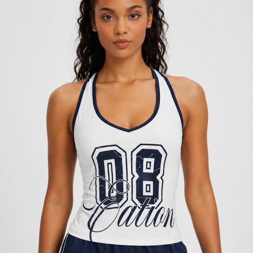 Navy Blue Graphic Print Built-In Bra Tank and Shorts Set