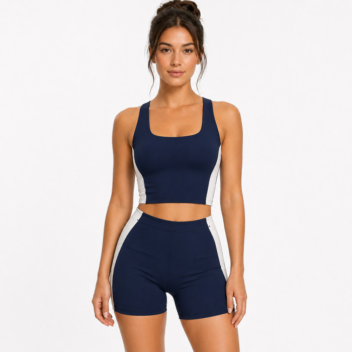Color Block Biker Shorts Matching Workout Set