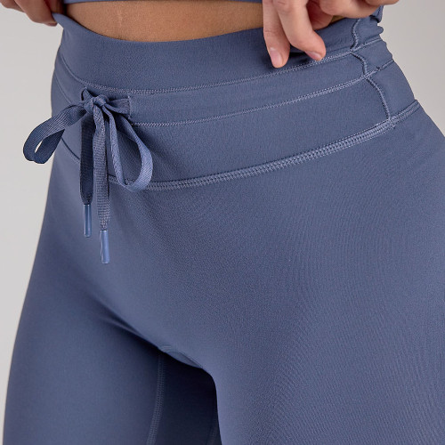 Plum Drawstring High Waist Yoga Leggings With Cuffed Hem