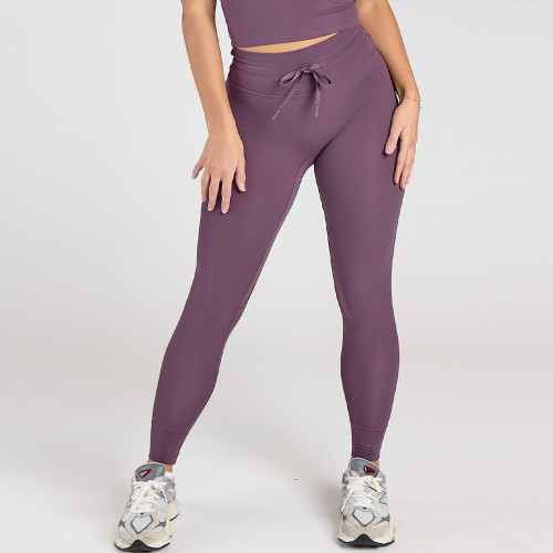 Plum Drawstring High Waist Yoga Leggings With Cuffed Hem