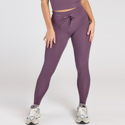 Plum Drawstring High Waist Yoga Leggings With Cuffed Hem