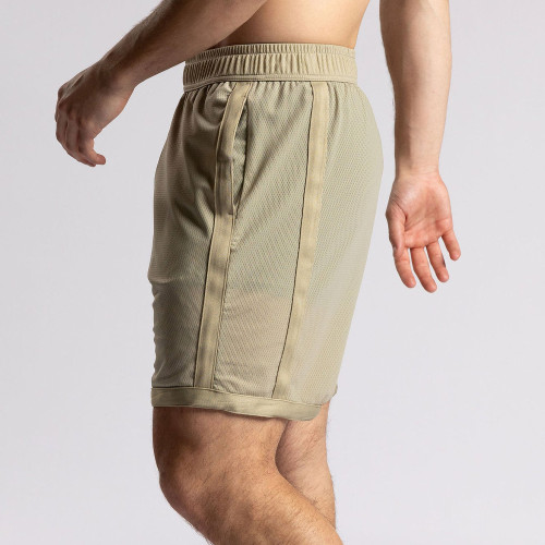 Beige Retro Mesh 5-Inch Gym Shorts With Side Piping