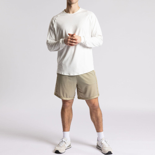 Beige Retro Mesh 5-Inch Gym Shorts With Side Piping