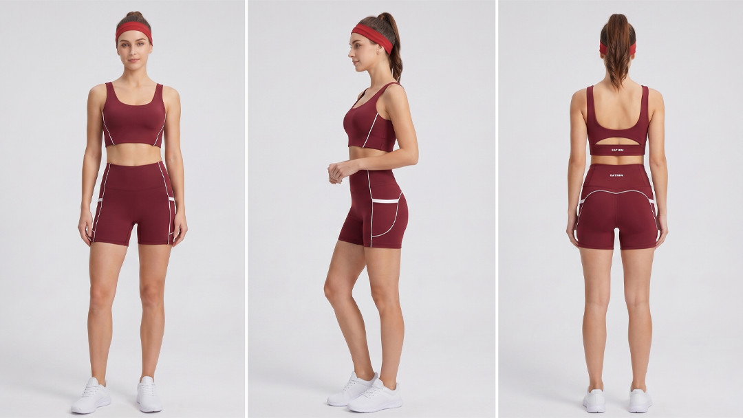 Burgundy custom yoga set with white contrast piping manufactured by Call The STYLE