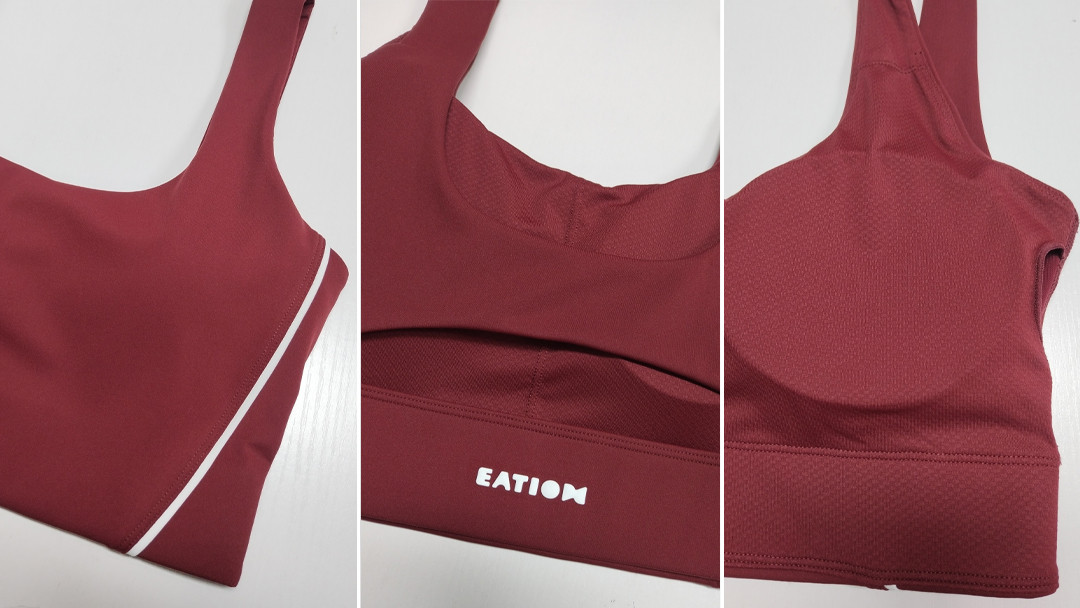 Sports bra manufacturing details showing interior mesh lining and Eationwear silicone heat transfer logo