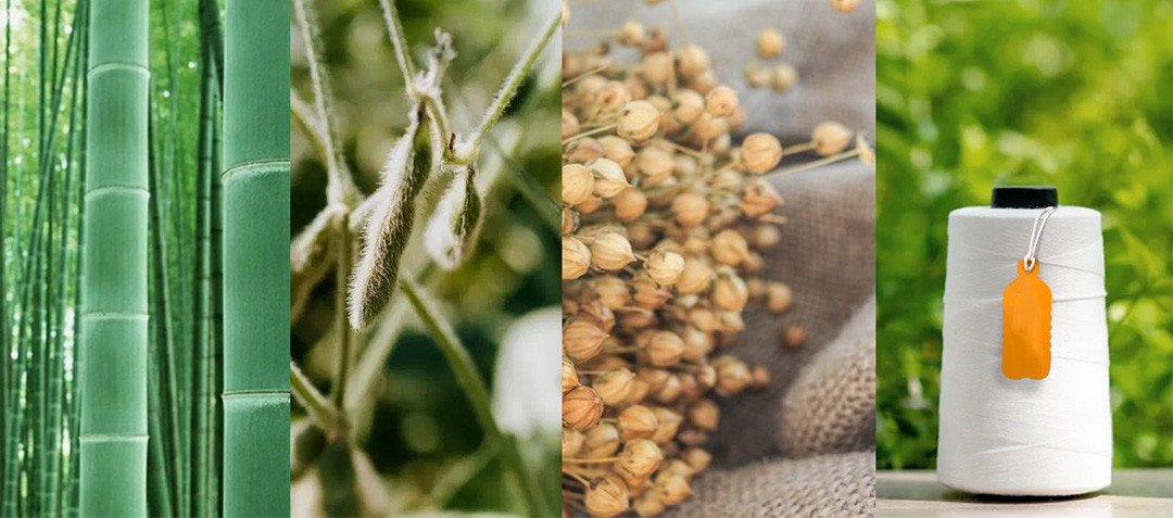 A collage of sustainable raw materials for activewear fabrics: bamboo stalks, soybean pods, dried flax plants, and a spool of yarn with a recycled plastic bottle tag.