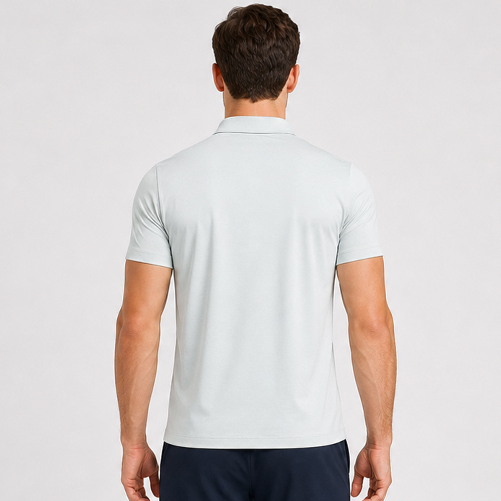 Rear view showing the seamless back design and tailored fit of a custom athletic polo.