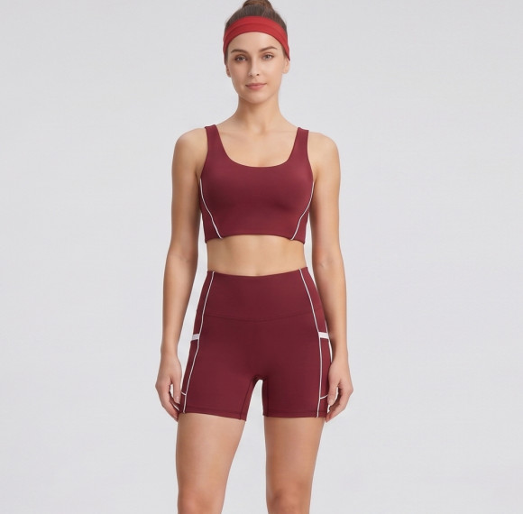 Contrast Piping Cutout Back Sports Bra & Pocket Biker Shorts Workout Set