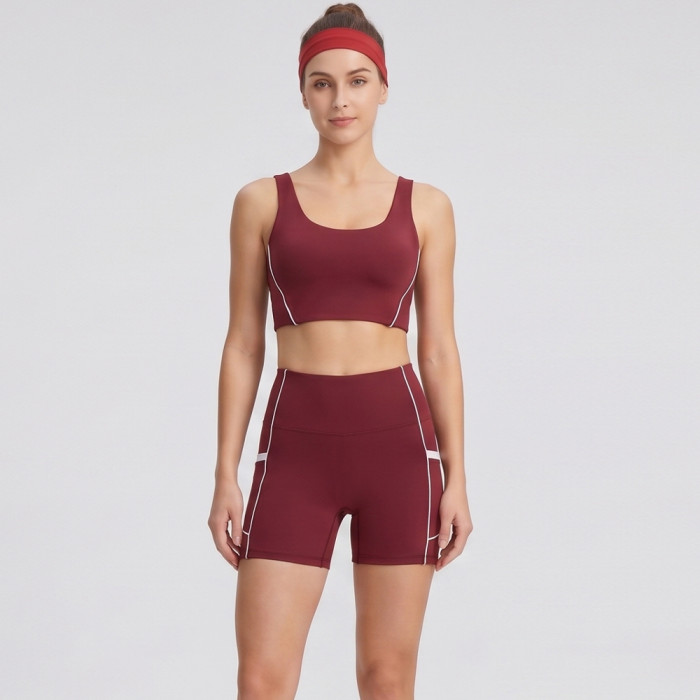 Contrast Piping Cutout Back Sports Bra & Pocket Biker Shorts Workout Set