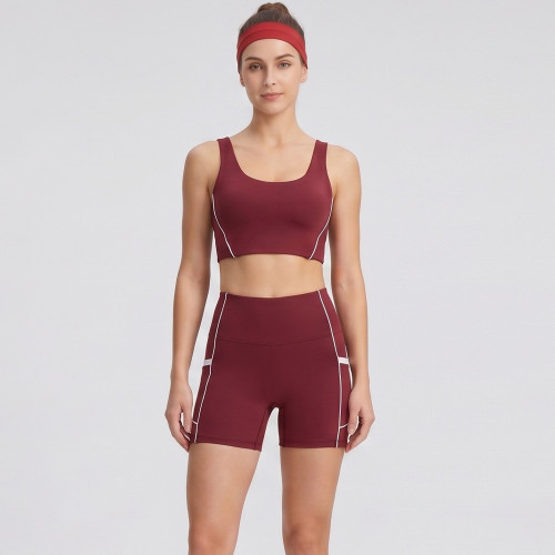 Contrast Piping Cutout Back Sports Bra & Pocket Biker Shorts Workout Set