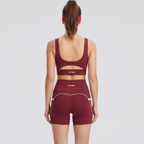Contrast Piping Cutout Back Sports Bra & Pocket Biker Shorts Workout Set
