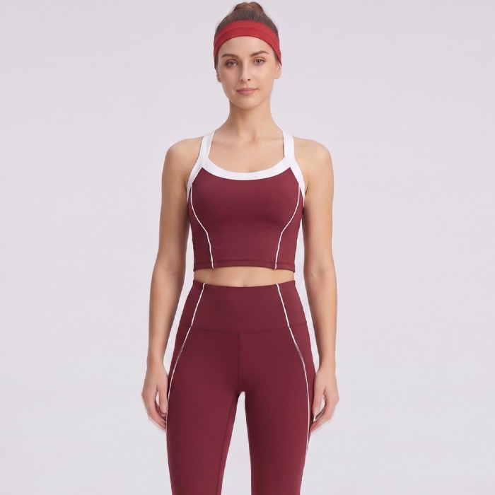 Contrast Piping Racerback Sports Bra & Cropped Leggings Activewear Matching Set