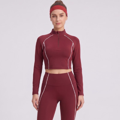 Contrast Piping Mock Neck Half Zip Long Sleeve Activewear Matching Set