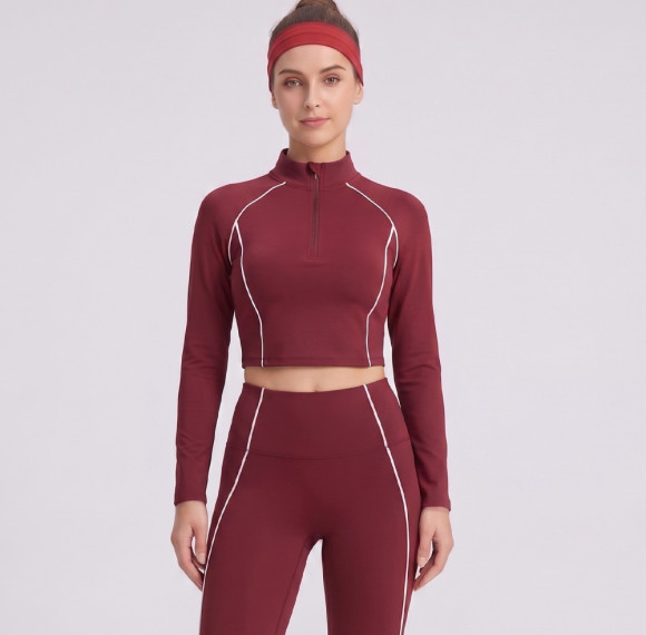 Contrast Piping Mock Neck Half Zip Long Sleeve Activewear Matching Set