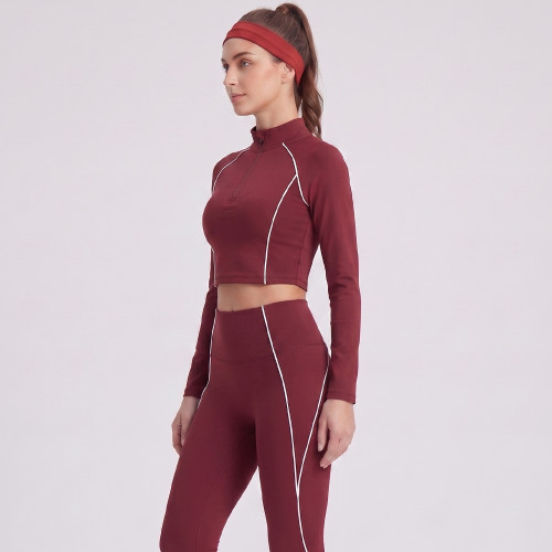 Contrast Piping Mock Neck Half Zip Long Sleeve Activewear Matching Set