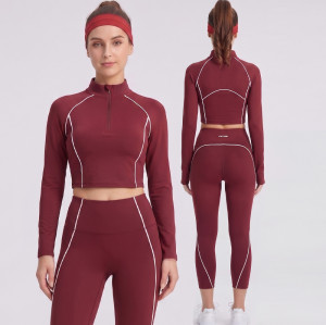 Contrast Piping Mock Neck Half Zip Long Sleeve Activewear Matching Set