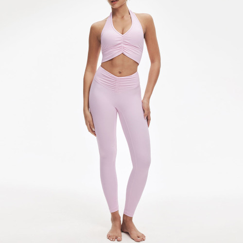 Ruched Halter V-Neck Sports Bra & V-Waist Leggings Light Impact Activewear Set