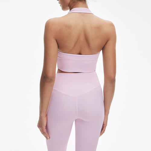 Ruched Halter V-Neck Sports Bra & V-Waist Leggings Light Impact Activewear Set