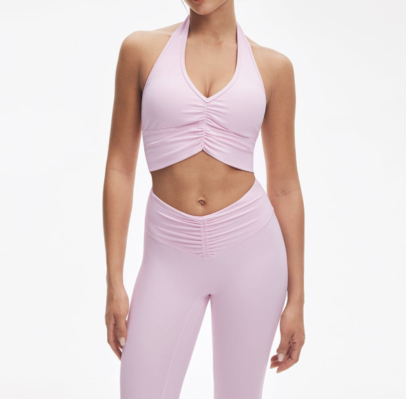 Ruched Halter V-Neck Sports Bra & V-Waist Leggings Light Impact Activewear Set