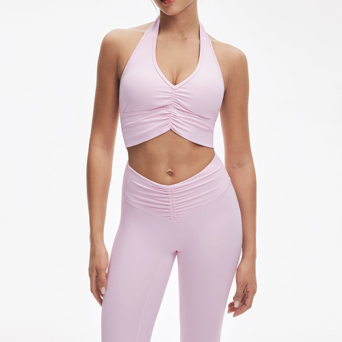 Ruched Halter V-Neck Sports Bra & V-Waist Leggings Light Impact Activewear Set