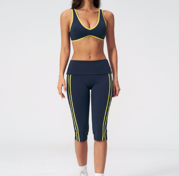Fold Over Waist Side Stripe Cropped Leggings & U-Back Sports Bra Workout Set
