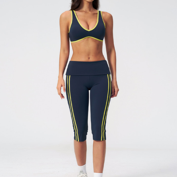 Fold Over Waist Side Stripe Cropped Leggings & U-Back Sports Bra Workout Set