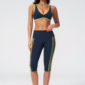 Fold Over Waist Side Stripe Cropped Leggings & U-Back Sports Bra Workout Set