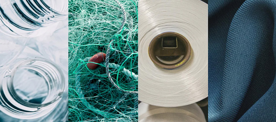 Sustainable manufacturing process transforming discarded plastic bottles and fishing nets into regenerated nylon and rPET activewear fabric