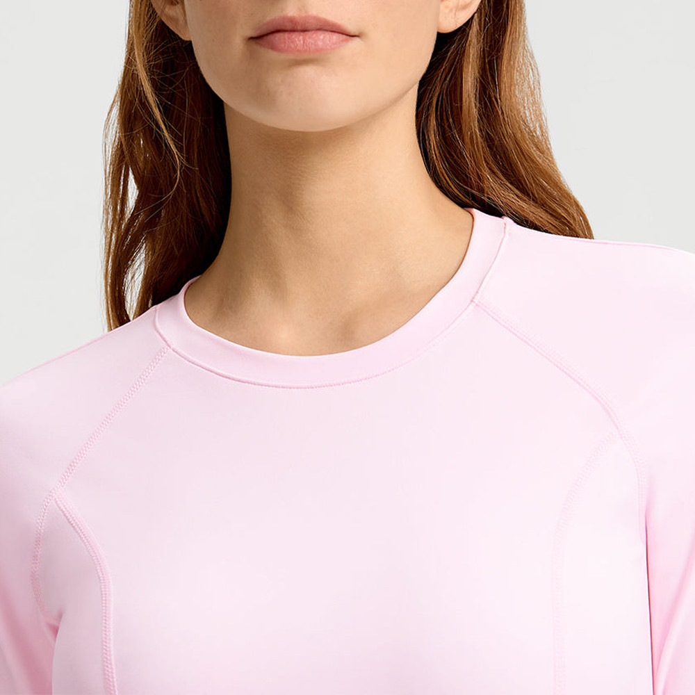Close-up of the crew neck and smooth fabric texture on a custom sports top.