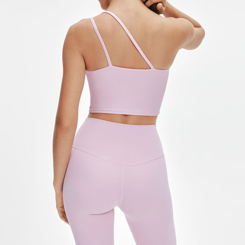 Asymmetrical Double Strap One Shoulder Top and V Back Leggings Yoga Set