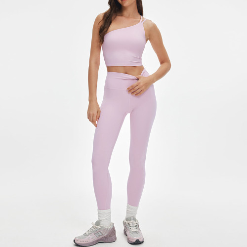 Asymmetrical Double Strap One Shoulder Top and V Back Leggings Yoga Set