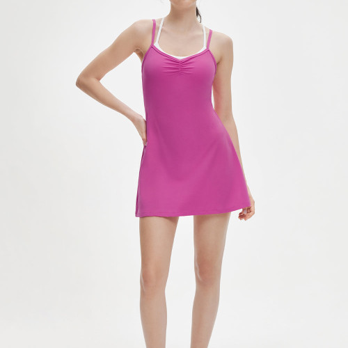 Ruched Color Block Active Tennis Dress With Built-In Shorts