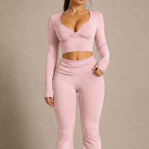 V-Neck Long Sleeve Top and Fold Over Flare Leggings Workout Yoga Set