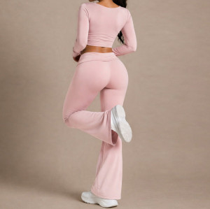 V-Neck Long Sleeve Top and Fold Over Flare Leggings Workout Yoga Set