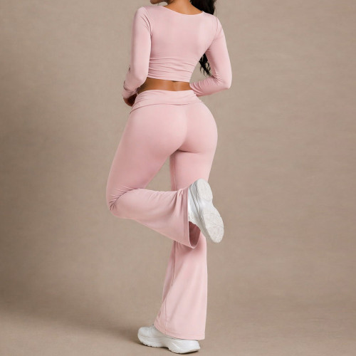 V-Neck Long Sleeve Top and Fold Over Flare Leggings Workout Yoga Set