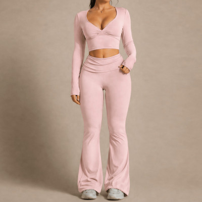 V-Neck Long Sleeve Top and Fold Over Flare Leggings Workout Yoga Set