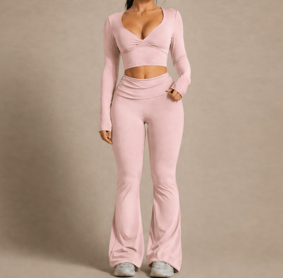 V-Neck Long Sleeve Top and Fold Over Flare Leggings Workout Yoga Set